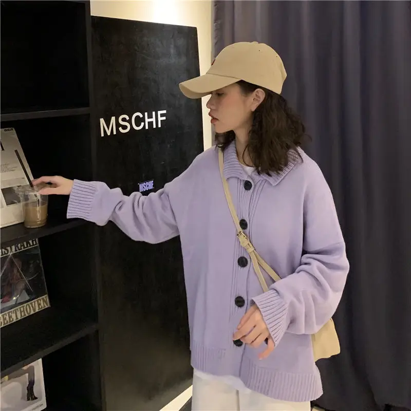 

Women Cardigan Casual Solid Sweater Loose Turn-down Collar Single Breasted Lazy Korean Style Simple Elegant Female Outwear Chic