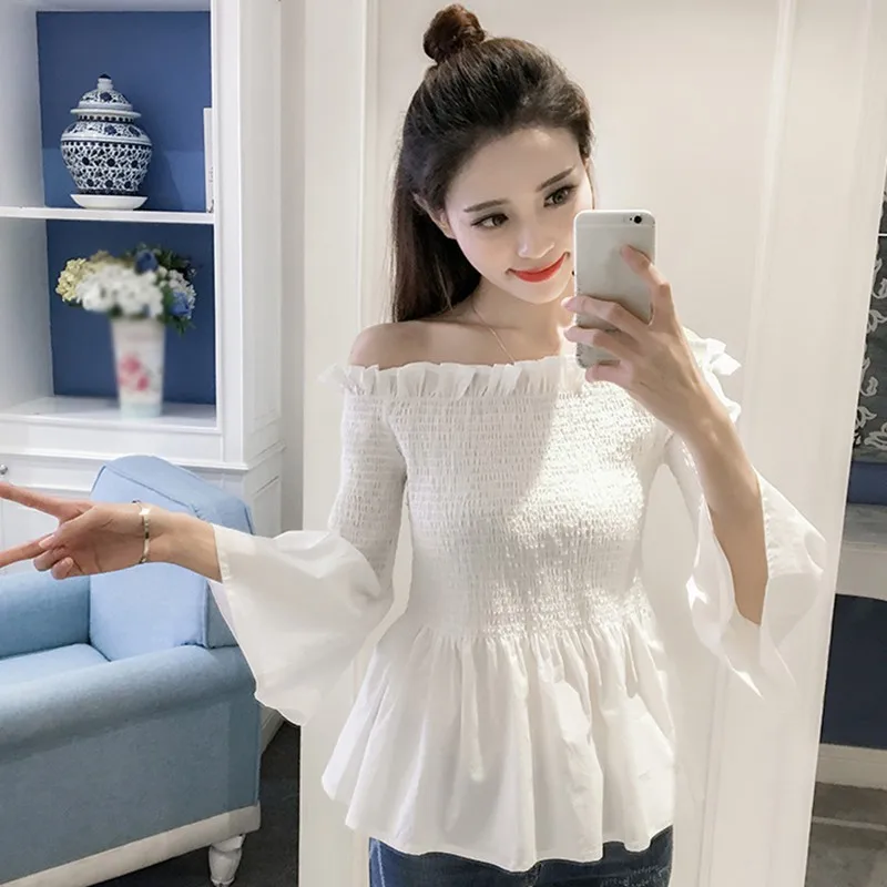

Simple Beautiful Flare Sleeves Women's Blouse Fashion Sexy Slash Neck Solid Color Blouse