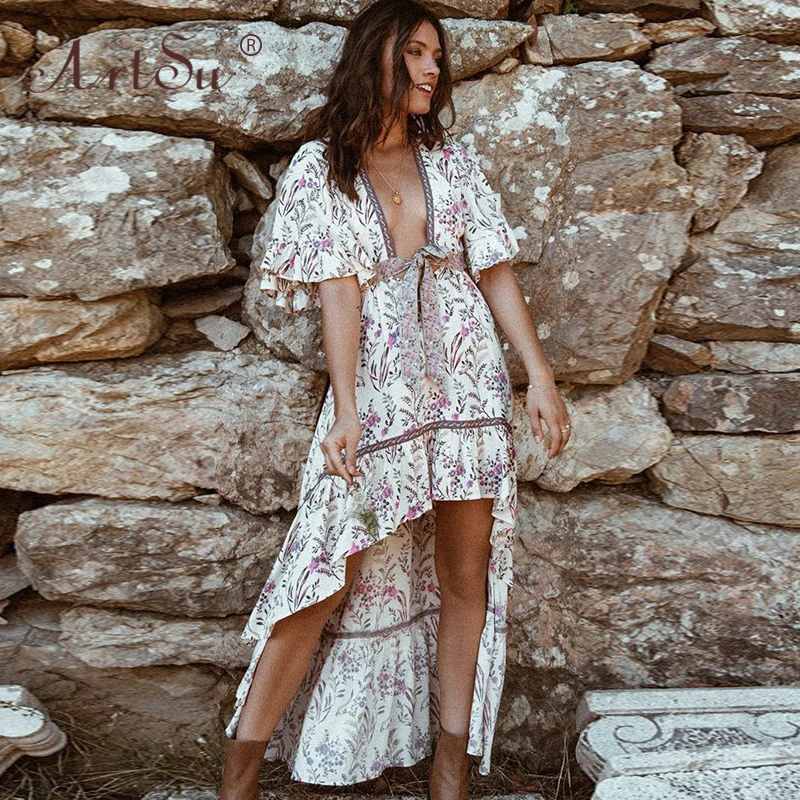 Женское Макси-платье с бантом ArtSu весеннее платье в стиле бохо глубоким v-образным
