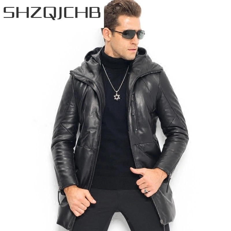 

JCHB 2021 Winter Mens Hoody Genuine Leather Mid Long Jacket Real Sheepskin Down Coat Slim Fit Overocat Bikers Windproof Down Jac