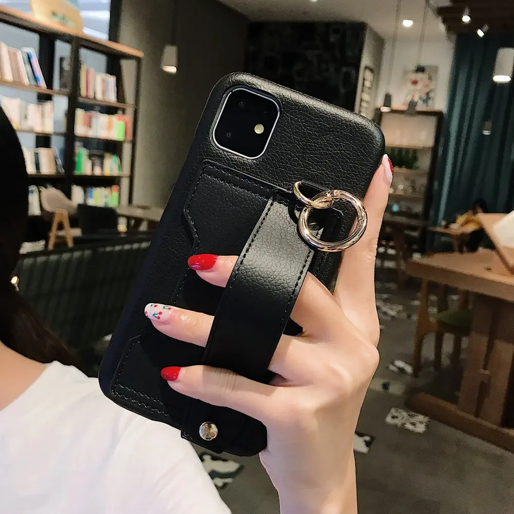 

For IPhone 11 Pro Xs Max Luxury Retro Leather Wrist Hand Band Case Card Holder Soft Leather Hard Bcak Cover for Iphone 11