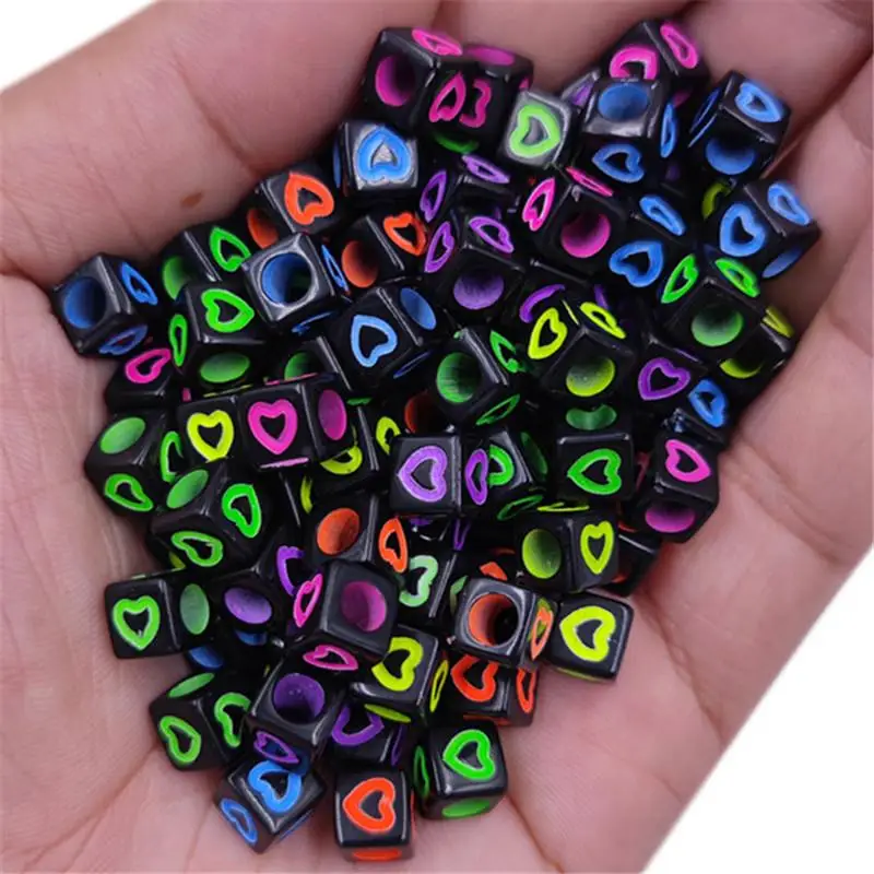 

7mm Mixed Heart Printed Black Beads Charms Bracelet Necklace Acrylic Square Beads For Jewelry Making DIY Accessories