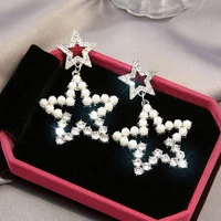 s925 silver needle fashion flash diamond pearl stud earrings five pointed star pendant earrings new classic all match jewelry