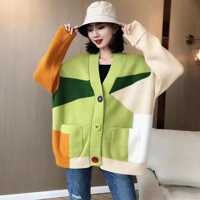 

Sweater Coat Korean Rainbow Contrast Color Knitted V-Neck Full Cardigan Korean Causal Oversize Knitwear Jacket 2020 Autumn New