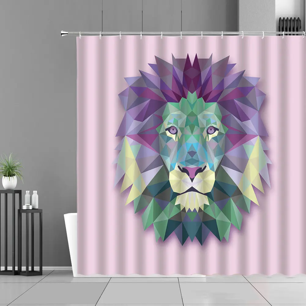 

Color Matching Geometric Animal Lion Tiger Wolf Head Printing Shower Curtain Bathroom Screen Curtains Home Decoration With Hook