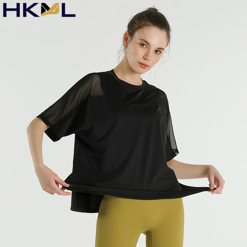 

Women Top Short Sleeve Mesh Breathable Four-color Bottom Slit Casual Fashion Fitness Sports Running T-shirt