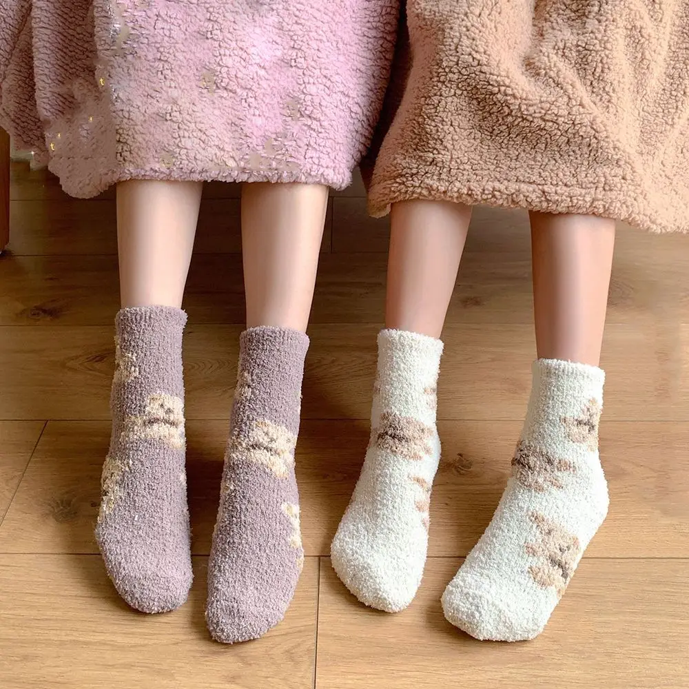

Kawaii Warm Comfortable Thicken Animal Soft Female Coral Velvet Socks Women Hosiery Middle Tube Socks Bear Floor Socks