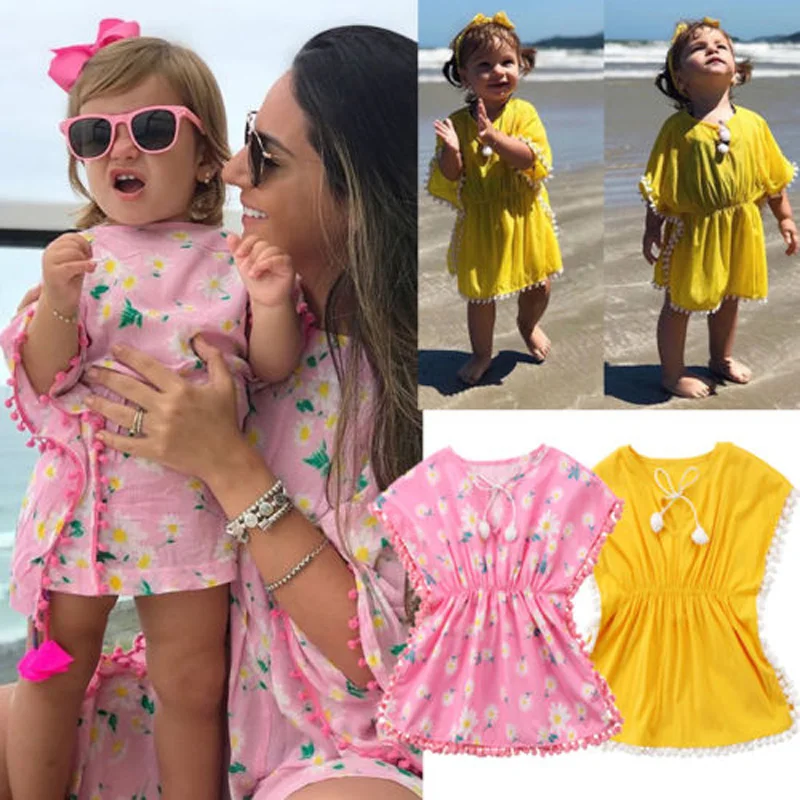 

lioraitiin New Fashion Kids Baby Girls Dress Beach Sundress Short Sleeve O-Neck Cotton Flower Fringe Dresses Bikini Cover