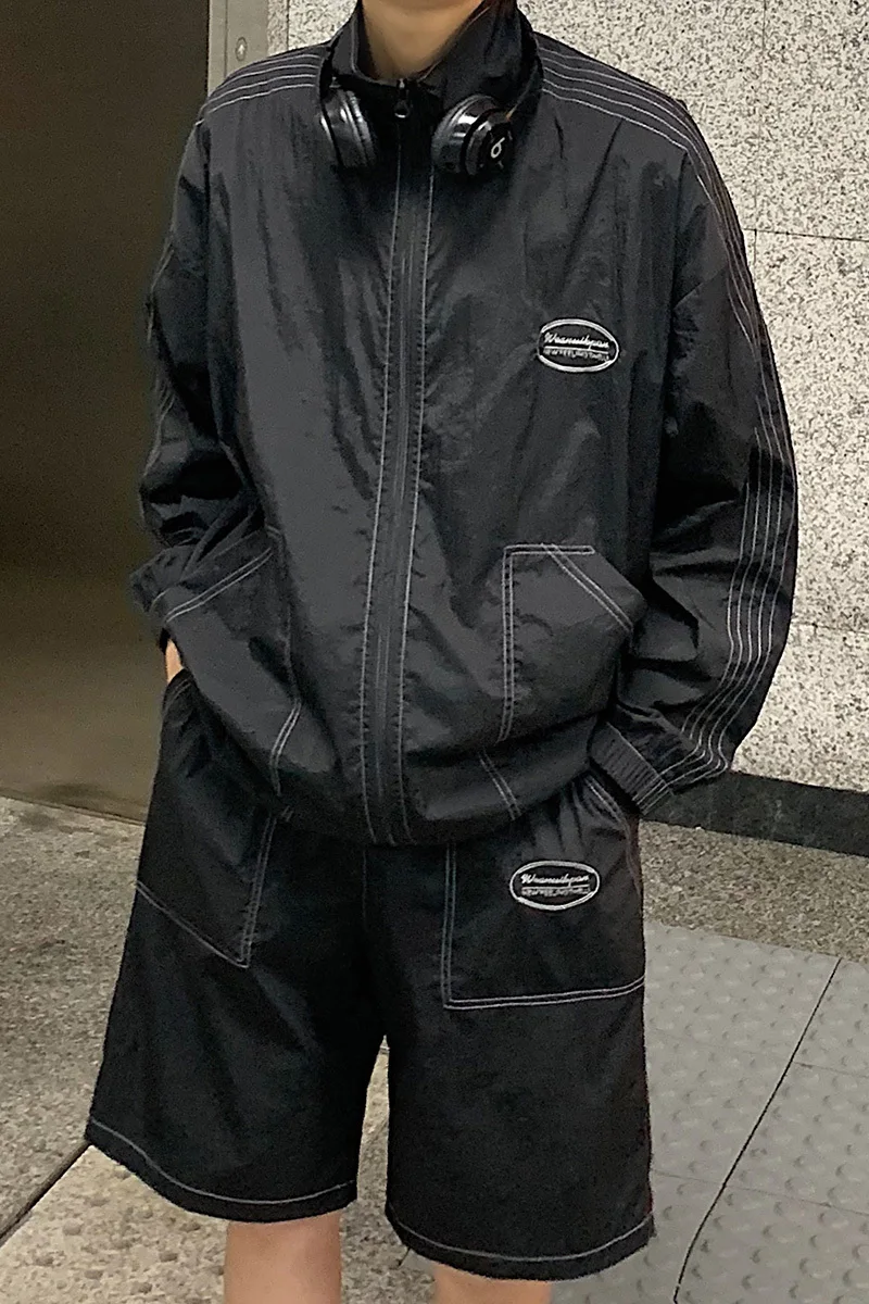 

2020Spring And Summer New Youth Popular Men's Jacket Shorts Set Fashion Casual Loose Stand Collar Two-piece Set Black/Khaki/Gray