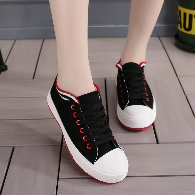 Женская парусиновая обувь черные и белые кроссовки Классическая на плоской