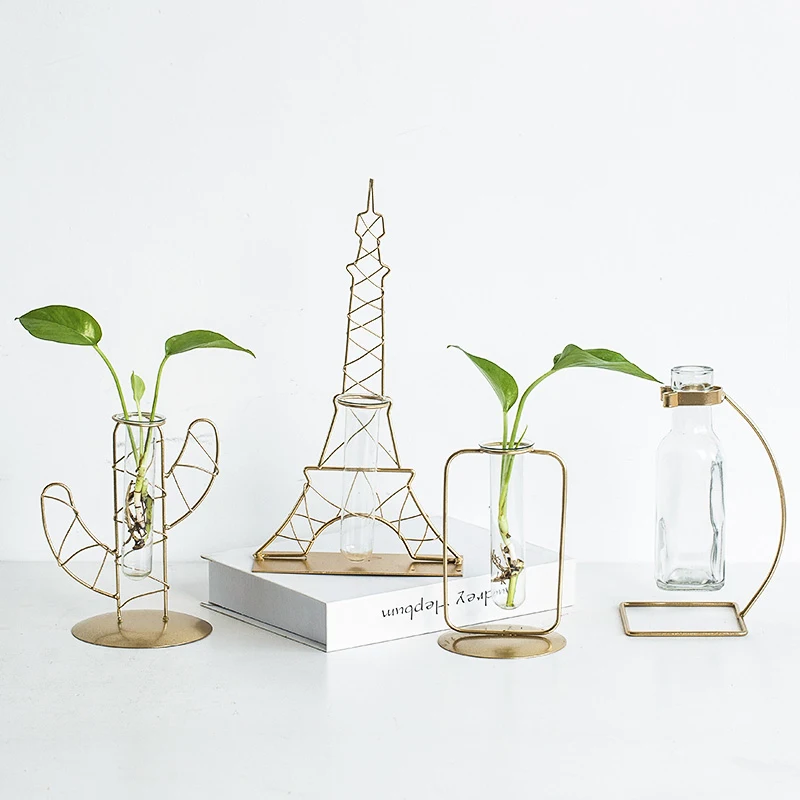 

Creative Metal Art Flower Vase Iron Glass Hydroponics Planter Pot Transparent Flower Bottle Container Home Ornament Decoration