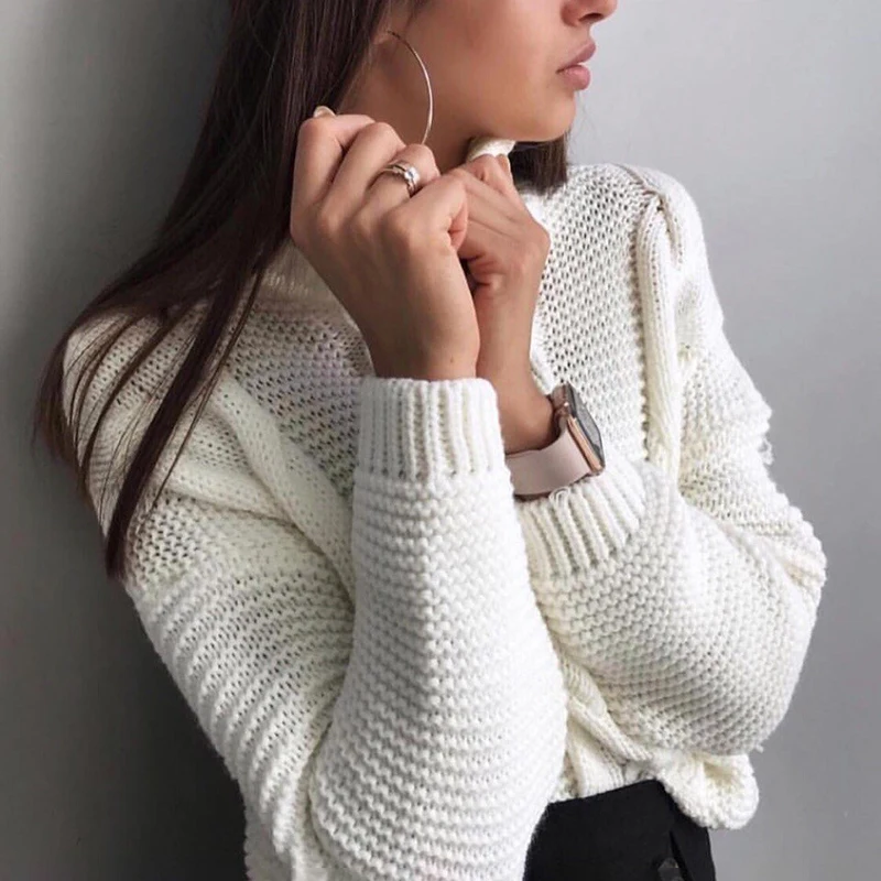 Вязаный свитер для женщин Осень-зима длинный рукав черная водолазка джемперы