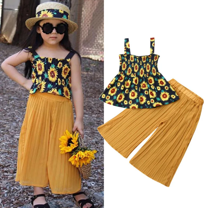 Топ на бретельках с принтом подсолнухов для девочек 2 шт. желтые плиссированные