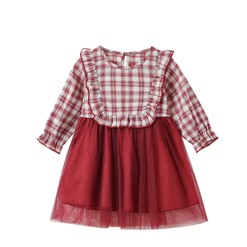 

Платье для новорожденных девочек повседневное с длинным рукавом с круглым вырезом клетчатое лоскутное Тюлевое платье для повседневного но...