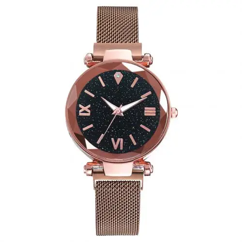 Rose Gold Женская мода ромб Магнитный звездное небо круглые кварцевые наручные часы с циферблатом подарок relogio zegarek damski женское платье часы подарок Lu - Цвет: Rose Gold