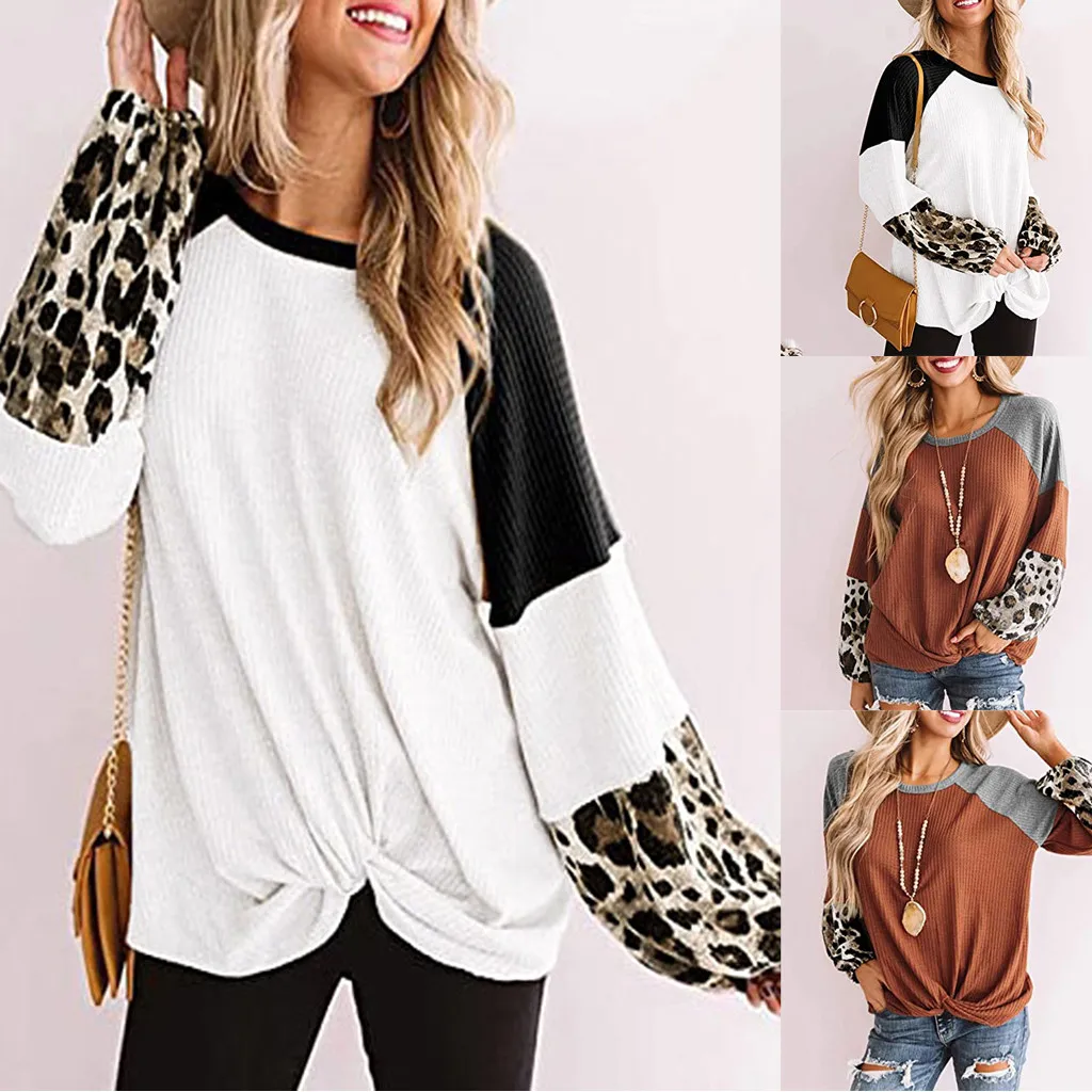 Women's T-shirts Autumn Winter Fashion Ladies Casual Daily O neck Loose Knot Long Sleeve Leopard Stitch Waffle Top Crop Tops | Женская