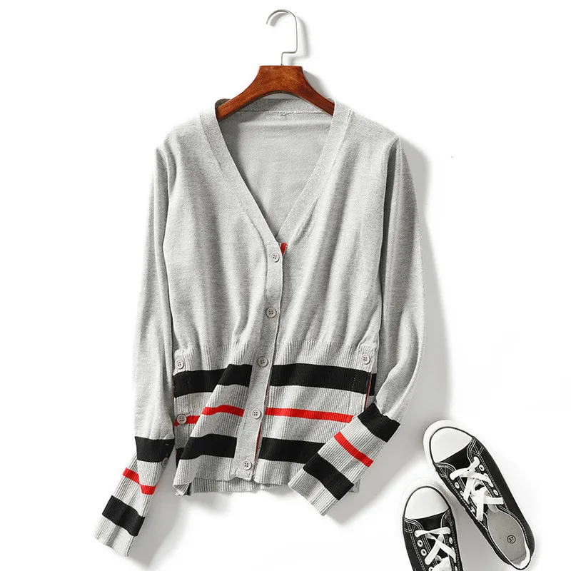 autumn and winter new style V-neck slim long-sleeved Korean knitted women's striped cardigan sweater women |