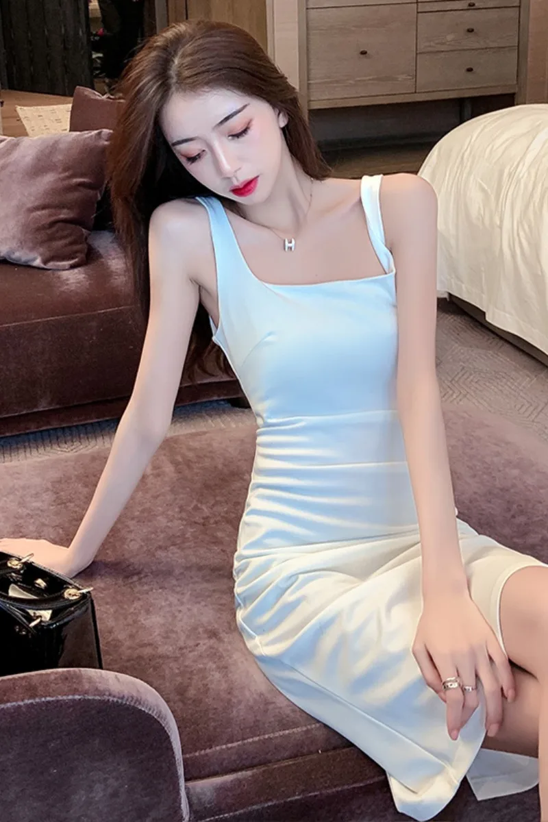 

French light dress waist slimming temperament suspenders wear net red with fashion covered belly wrinkled dress women