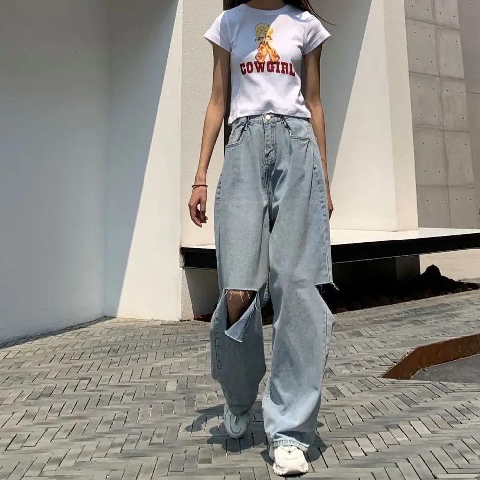 

Hole wide leg jeans women's 2021 summer net red new loose and thin mop pants and elegant high waist dad pants