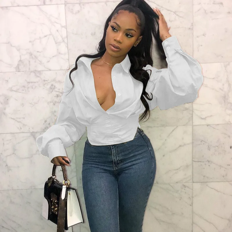 

Sexy Women Lantern Sleeve Solid Shirts Autumn Spring New Fashion Lady Turn down Collar Slim Fit Plain Tops Plus Size S-3XL