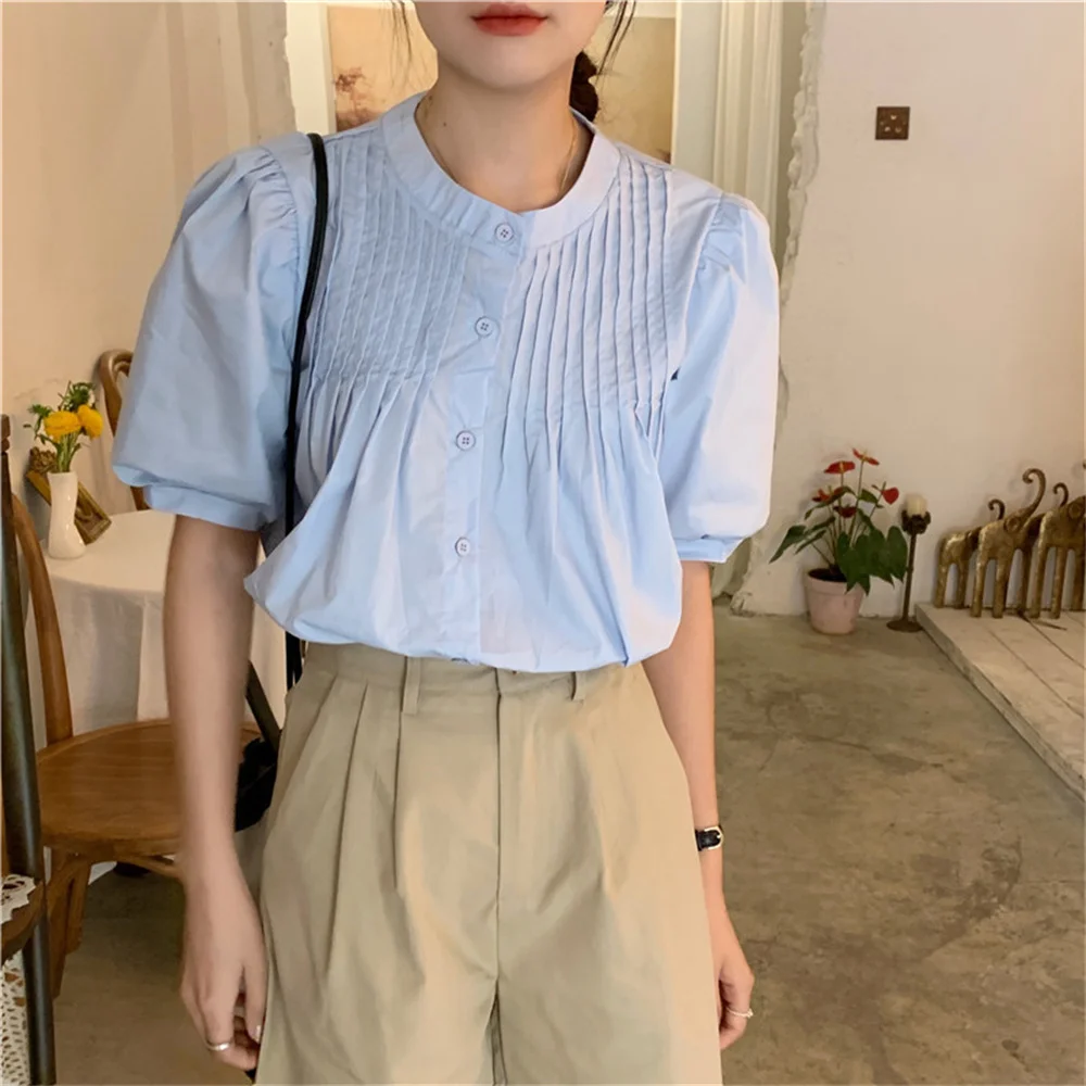 

Korean O-Neck Office Lady Loose Outwear Blouses Short Sleeves Summer 2021 Women Retro New Casual All Match Solid Women Shirts
