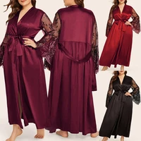 women large night wear robe casual transparent kimono intimate sleepwear coat fashion lace patchwork robe long sleeve 5xl
