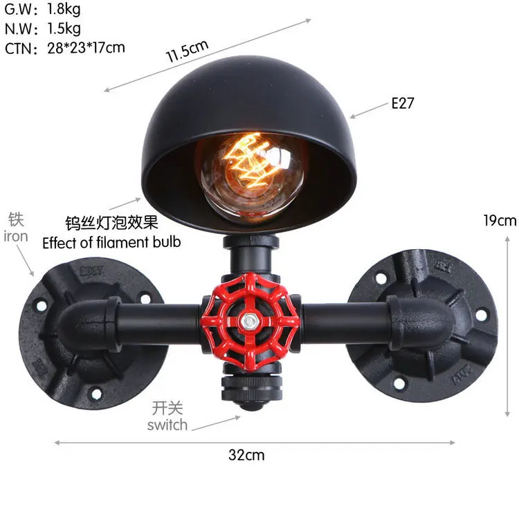(A K) 220 В настенная лампа с водопроводной трубой ретро промышленное черное