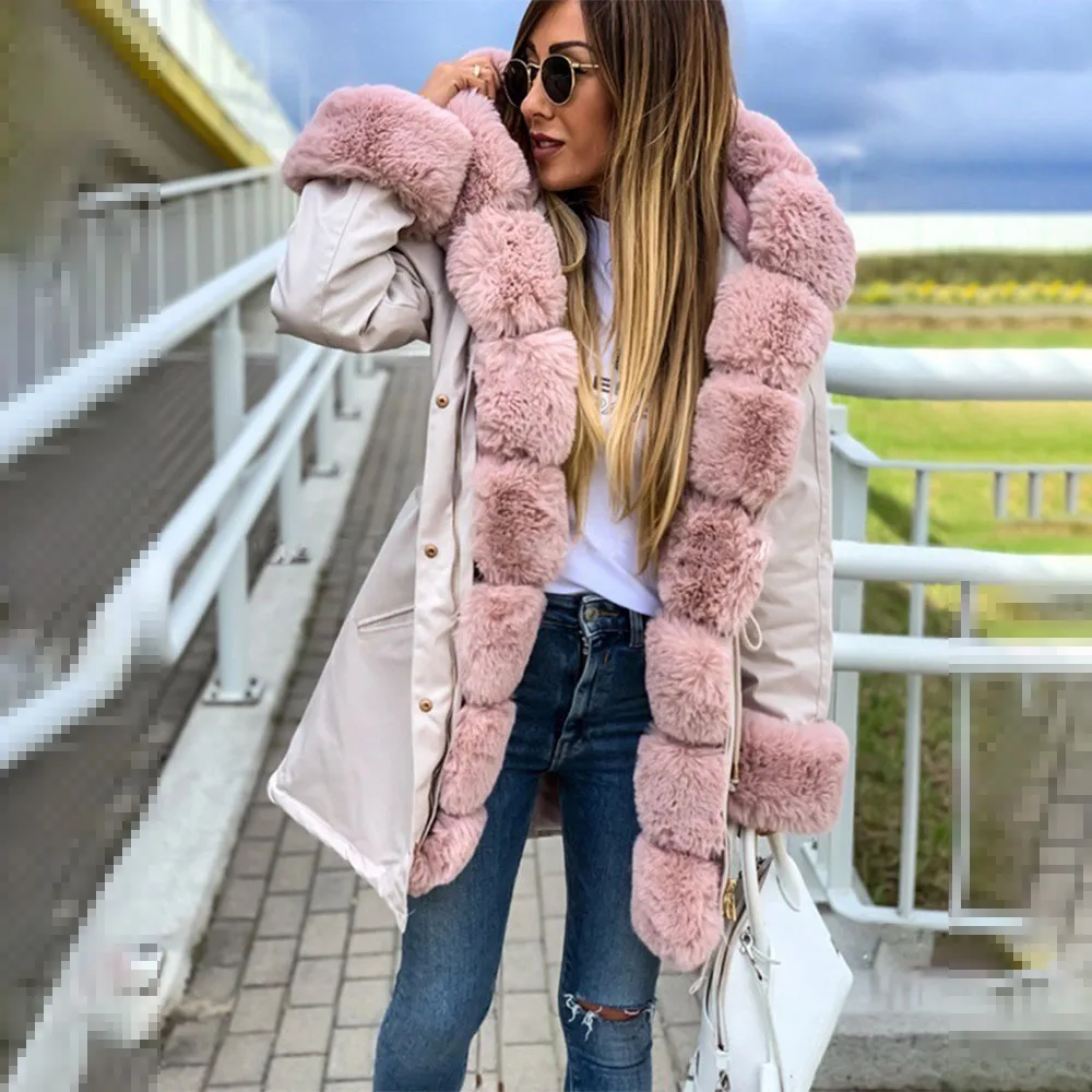 Women's Winter Plus Size New Parka Coat Thicken Warm Faux Fur Hooded Oversized Solid Color All-match Street Fashion Jacket
