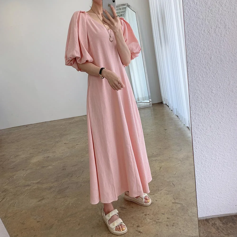 

Summer Korean Temperament Elegant V Neck Slim Solid Color Lantern Sleeves Back Lace Up Long Dress Pink Black Clothes Ladies