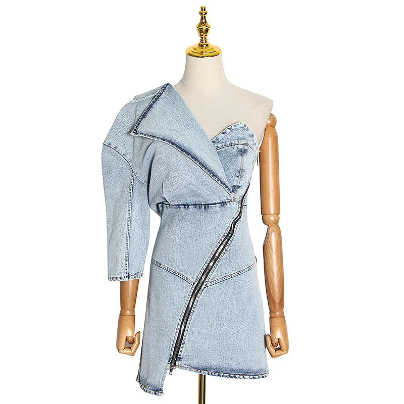 

Chao brand summer new fashion women's single shoulder sleeve slim zipper irregular denim hip dress