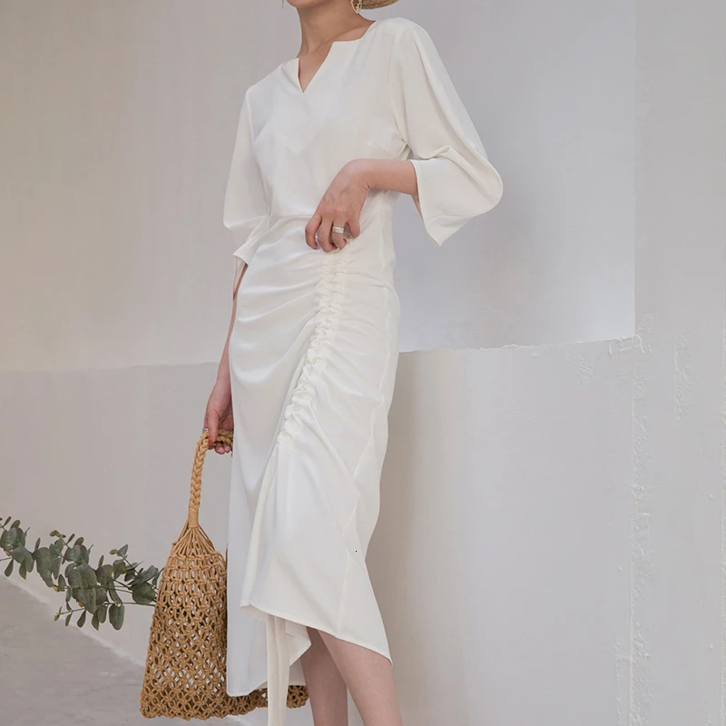 GALCAUR Drawstring Ruched женские платья три четверти рукав с высокой талией Асимметричные осенние платья Женская мода одежда