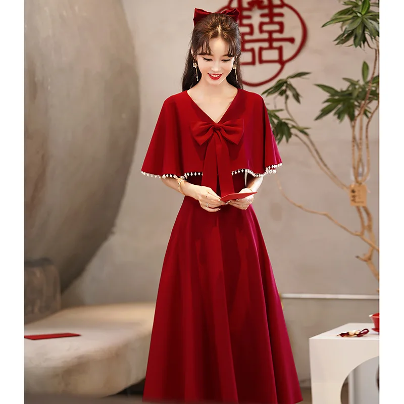 

Женское атласное платье с бантом, бордовое вечернее платье невесты на свадьбу, новое плиссированное платье с рукавом «летучая мышь», Милая ...