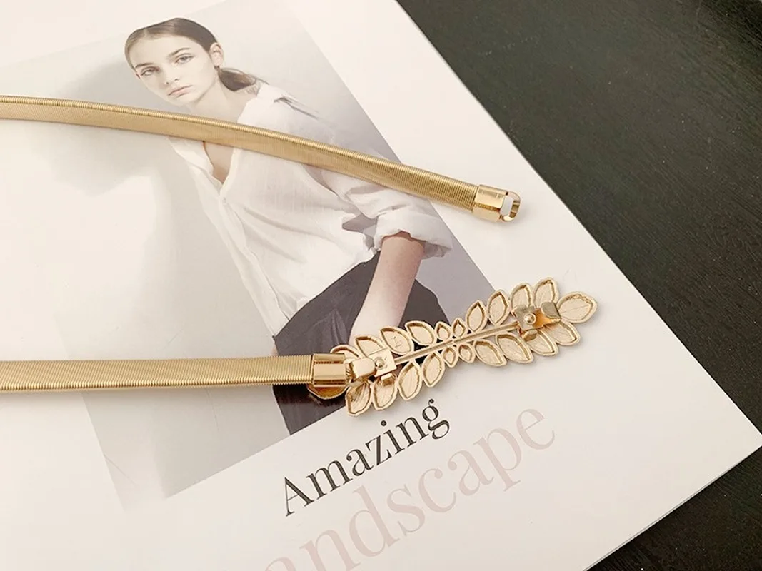 Ремень женский тонкий с металлической пряжкой в виде листьев европейском и