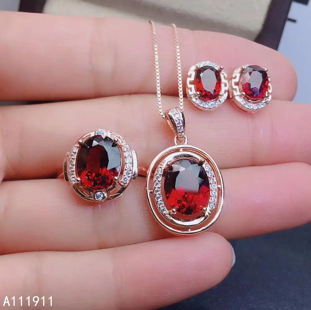 

KJJEAXCMY fine jewelry 925 sterling silver inlaid Natural Garnet Ring Necklace Earring classic Suit Support Detection popular