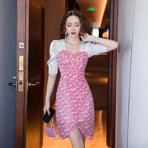 Fashion Summer Korean Sweet Casual Midi Streetwear Dress Ladies OL Elegant Retro Square Neck Flower Chiffon Party Vacation Dress