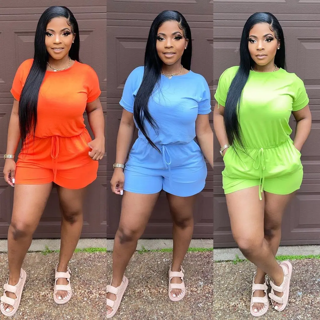 

2021 Casaul Women Jumpsuit Drawstring Short Sleeve Streetwear Bodysuit Overalls For Women