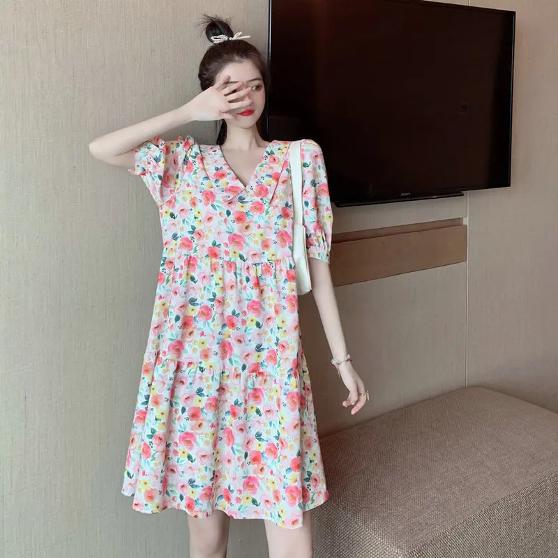 

Women Summer Pink Floral Dresses Chelsea Collar Puff Short Sleeve Mini Length Loose Fitting Cozy One Piece Robe Holiday Clothes