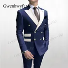 Gwenhwyfarоднотонные темно-синие мужские вечерние смокинги, костюмы из 2 предметов, новейшие разноцветные белые мужские костюмы с лацканами, модные стильные костюмы с золотыми пуговицами
