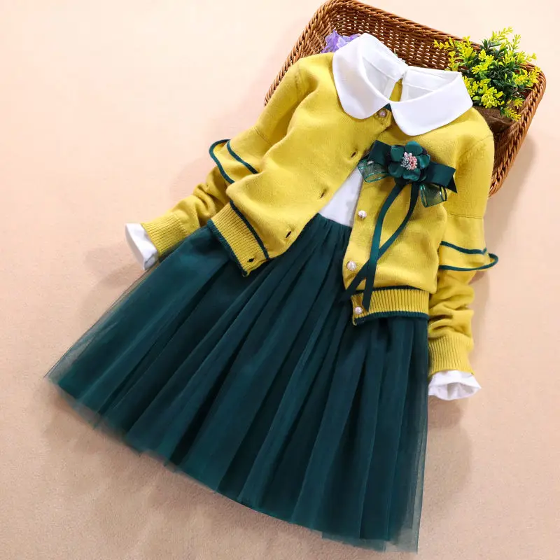 Yellow Комплект одежды для детей на весну, осень и зиму, кардиган с длинными рукавами для девочек, свитер, пальто+ платье, костюм из 2 предметов для девочек 3, 5, 9, 11 лет - Цвет: Yellow