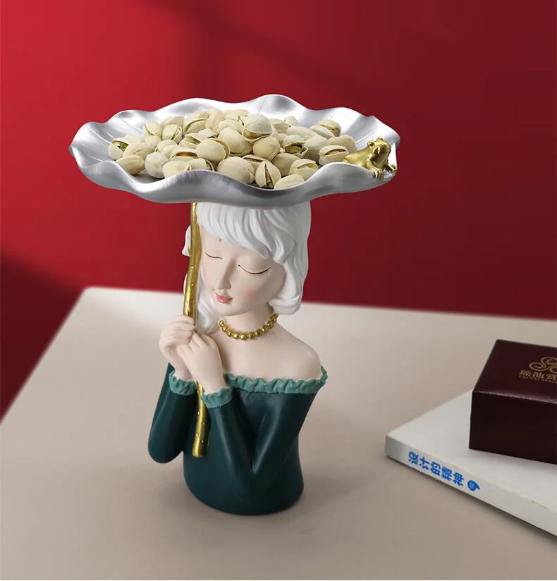Chinese Lotus Leaf Girl Storage Tray Resin Statues Home Livingroom Box Figurines Crafts Store Clubs Table Sculpture Decoration | Дом и сад