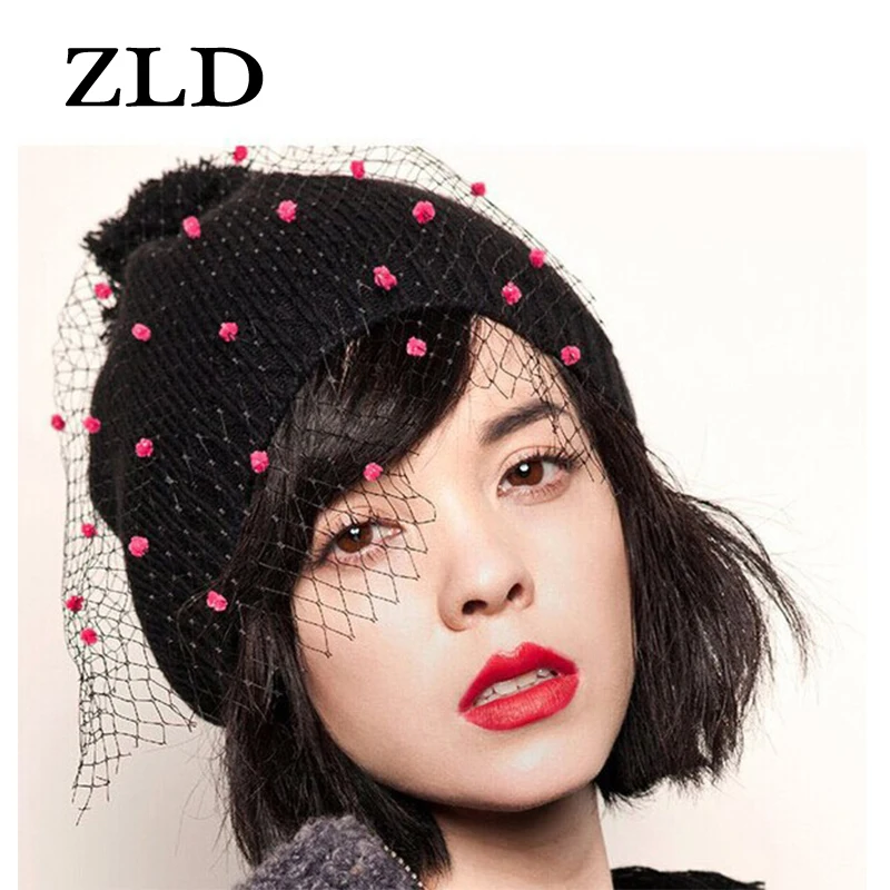 ZLD зимняя новая модная шапка chapeau femme женская вуаль вязаная шляпа теплая шерстяная уличная Ретро шляпа с вуалью Сексуальная сетчатая шляпа сомбреро