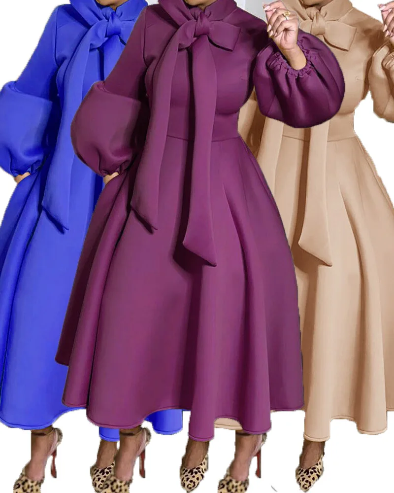 

Plus Size S-3XL Women Bow Neck Mid-Calf Dress 2021 Spring New Lantern Sleeve High Waist Pleated Graceful A-Line Dresses