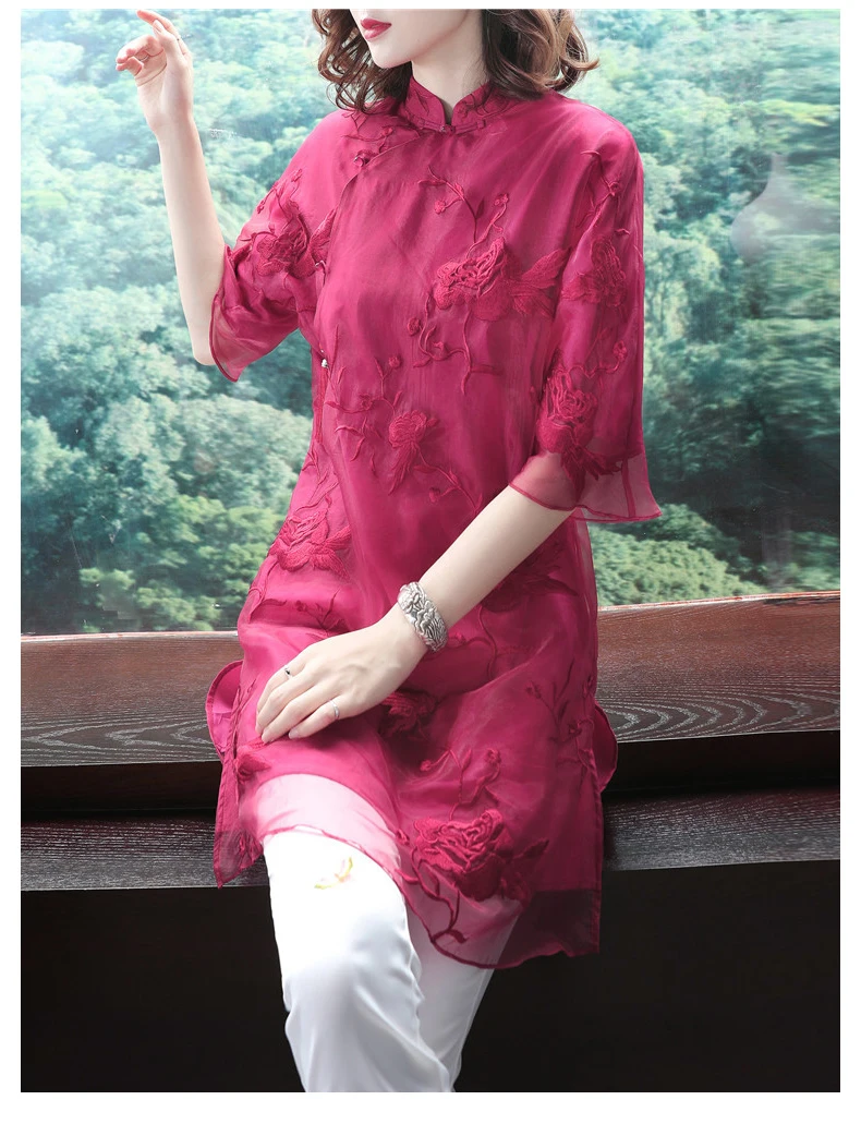 Цветочная вышивка cheongsam рубашка qipao Топ Половина рукава Китайский традиционный Топ Блузка для женщин кружевной Шелковый китайский топ