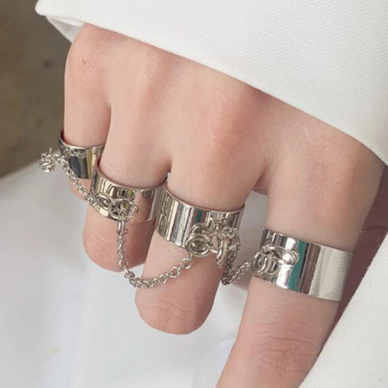 

Punk Cool Hip Pop Rings Multi-layer Adjustable Chain Four Open Finger Rings Alloy Women Rotate Rings For Women Party Gift
