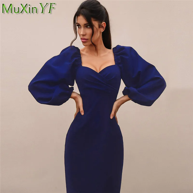 

Women Sexy Bodycon Autumn Winter Long Dress 2021 Lady Graceful Lantern Sleeve Dresses Solid Wine Red Dinner Party Robe Female