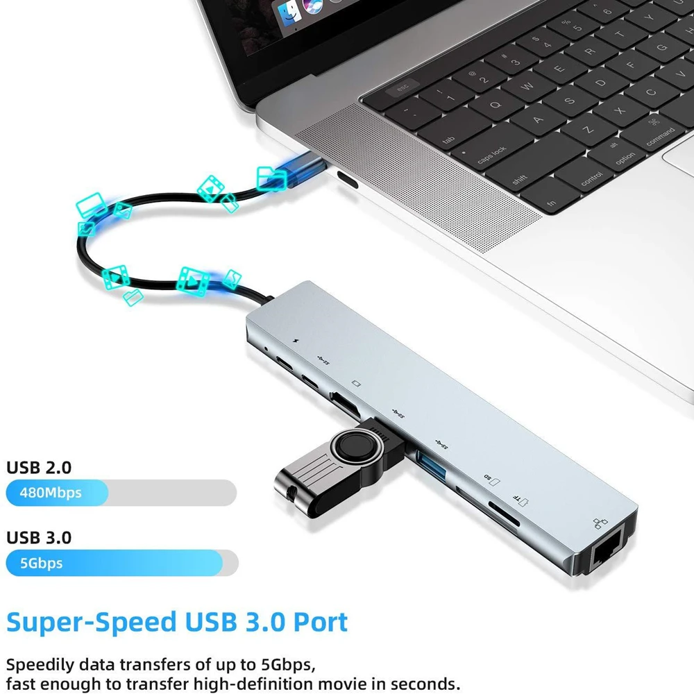 Tebe Тип usb-C USB концентратор до 4K HDMI RJ45 usb 3,0 SD/карта td читатель быстрой зарядки PD 8 в 1 многофункциональный адаптер для MacBook Pro