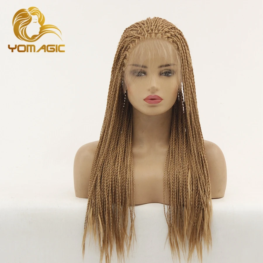 Yomagic Волосы длинные синтетические передние кружевные парики с младенческим коричневым цветом Senegalese 2X Twist Braids Wig Style для женщин.