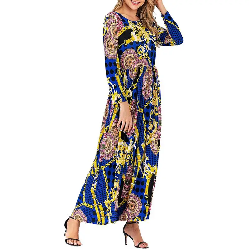 

XL-6XL Large Size Floral Print Long Maxi Dress Elegant Long Sleeve Women Dress Autumn Casual Beach Plus Size Dress Vestidos