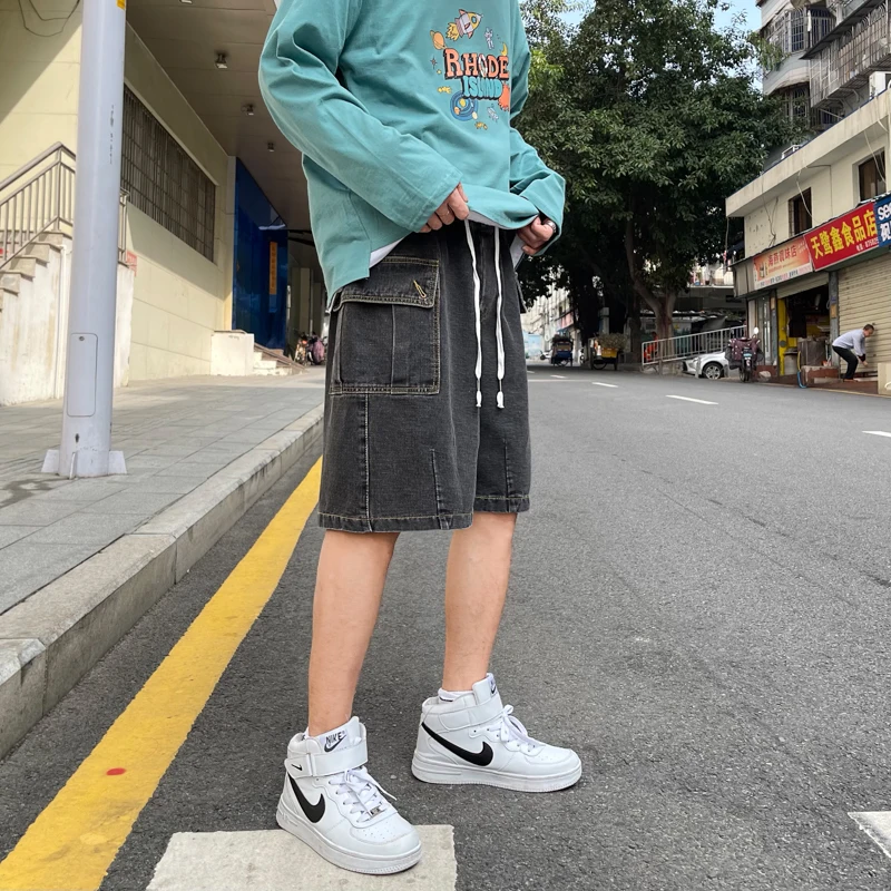 

Men's Denim Shorts Good Quality Drawstring Short Jeans Men Straight Cargo Short Jeans Male Light Blue/black Casual Short Jeans