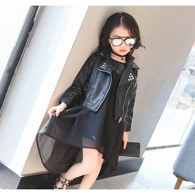 

Leather jacket baby girl jacket rivet decoration PU leather jacket fashionable children's clothing suitable for all seasons